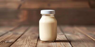 Bottled yogurt drink featuring a sealed lid and labeled container, set on a wooden table, food photography photo