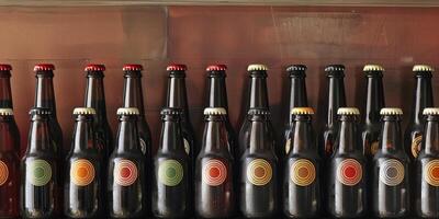 Bottles of lager beer arranged on a shelf with uniform labels and caps, food photography photo