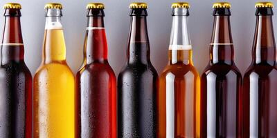 Bottles of ale beer in various shades of brown, displayed in a neat row, culinary photography photo