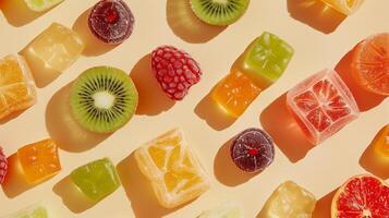 Close-up of various fruit chew pieces grouped together, displaying different colors and shapes on a neutral background, culinary photography photo
