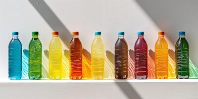 Collection of electrolyte replenishment drink bottles, displayed on a plain white background, culinary photography photo