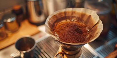 Coffee grounds in a filter in a pour-over cone with a mug underneath collecting brewed coffee, culinary photography photo