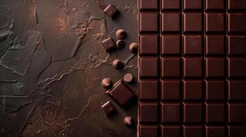 Dark chocolate bar on a plain background, divided into several small, uniform squares, culinary photography photo