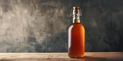 Dark glass bottle of apple cider, upright on a table, with a minimalistic label facing the camera, culinary photography photo