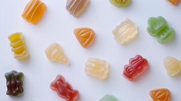 Different shaped gummy candies in multiple colors, arranged loosely on a flat white background, food photography photo