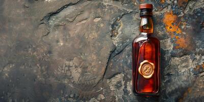 Craft distillery bottle with wax seal, on a polished stone surface, culinary photography photo