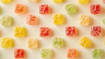 Different chewy candy pieces displayed in a symmetrical pattern on a plain background, showing various colors, food photography photo