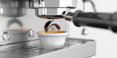 Espresso machine with a cup under the portafilter catching freshly brewed espresso, culinary photography photo