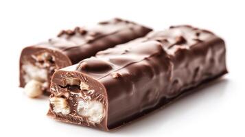 Filled chocolate bar partially unwrapped, revealing both the outer chocolate and inner filling, food photography photo