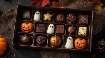 Halloween-themed chocolate pieces in various shapes, such as pumpkins and ghosts, presented in a decorative box, culinary photography photo