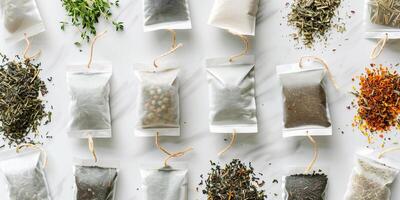 Herbal tea bags arranged in a circular pattern on a white surface, culinary photography photo