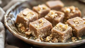 Halva squares on a ceramic dish, with visible nut pieces and dense texture, culinary photography photo