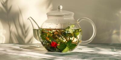 Herbal tea leaves steeping in hot water within a transparent glass teapot, culinary photography photo