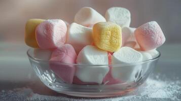 Marshmallows of various colors and shapes in a glass bowl, with visible specks, culinary photography photo