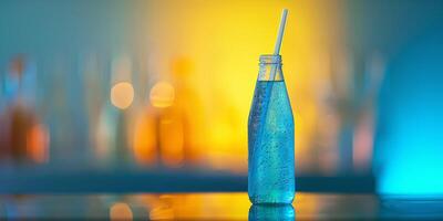 Electrolyte drink bottle with a straw, positioned on a reflective surface, photorealistic food photo