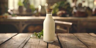 Bottle of kefir with a screw cap and nutritional label, resting on a wooden table, gastronomy photography photo