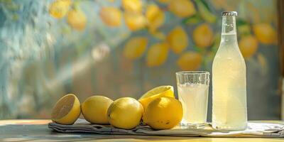 Bottle of diet lemonade with no sugar beside a glass filled with the lemonade on a table, gastronomy photography photo