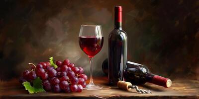 Bottle of red wine and a filled glass, with grapes and a corkscrew nearby, gastronomy photography photo