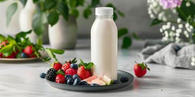 Bottle of probiotic yogurt drink with a distinct label indicating live cultures, placed on a table, photorealistic food photo