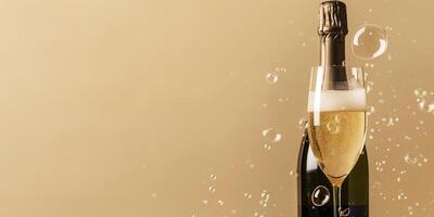 Bottle of sparkling wine with filled flute, visible bubbles, gastronomy photography photo