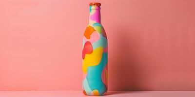 Bottle of yogurt drink with a colorful design, displayed against a solid color backdrop, gastronomy photography photo