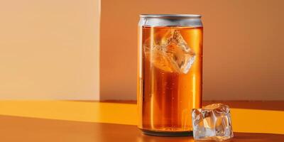Can with minimalist branding next to a filled glass containing an orange liquid and ice, gastronomy photography photo