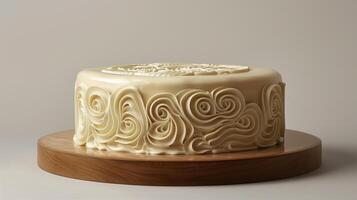 Cake with a smooth top, featuring a pattern of swirls, sitting on a round cake board, photorealistic food photo