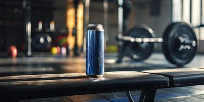 Can of zero-carb energy drink on a gym bench with a barbell in the background, photorealistic food photo