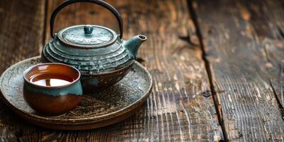 Ceramic teapot with matching cup, filled with brewed tea on a wooden surface, photorealistic food photo