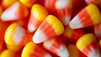 Close-up of candy corn highlighting the unique color pattern and smooth texture, gastronomy photography photo