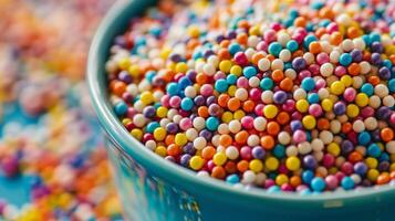 Close-up shot of a bowl containing a mix of multicolored nonpareils, gastronomy photography photo