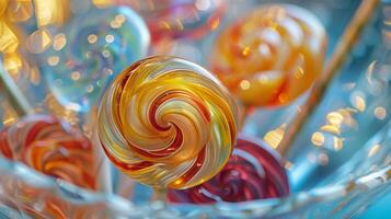 Close-up of lollipops with swirled designs in a transparent glass container, photorealistic food photo