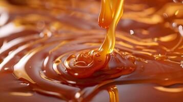 Close-up view of caramel sauce being drizzled onto a flat surface, gastronomy photography photo