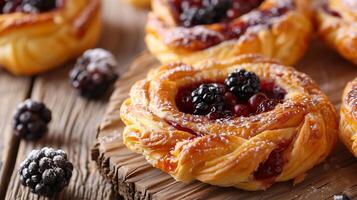 Danish pastry with a twisted shape and a filling of fruit or cheese in the center, gastronomy photography photo