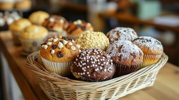 Display of assorted muffins in a basket, each with a distinct, rounded top, gastronomy photography photo