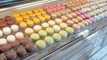 Display of macarons in a glass case, with different flavors and colors visible, gastronomy photography photo