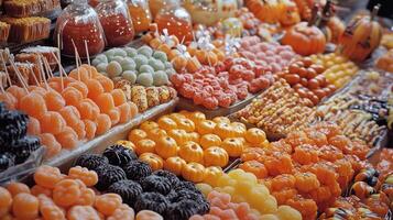Display of Halloween candies featuring caramels, lollipops, and hard candies, neatly arranged, gastronomy photography photo
