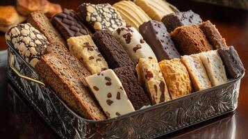 Display of assorted vegan biscotti pieces, arranged in a decorative tin container, gastronomy photography photo