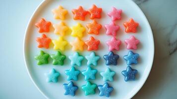 Multicolored star-shaped candies arranged in a neat pattern on a round, white plate, gastronomy photography photo