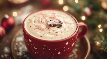 Festive cup with a creamy drink and a piece of peppermint bark on the rim, photorealistic food photo