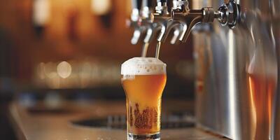 Draft tap dispensing ale into a pint glass, foam forming at the top, gastronomy photography photo