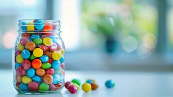 Glass jar filled with multi-colored jawbreakers on a white table, gastronomy photography photo