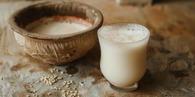 Glass of kefir with a small amount of froth, positioned next to a ceramic bowl, photorealistic food photo