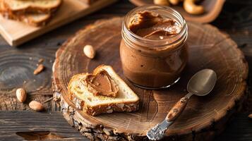 Jar of nut-free spread with the lid removed, beside a slice of toasted bread, photorealistic food photo