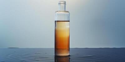 Kombucha bottle with visible fermentation sediment at the bottom, standing on a reflective surface, photorealistic food photo