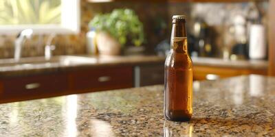 Lager beer bottle with a plain label, placed on a granite countertop, gastronomy photography photo