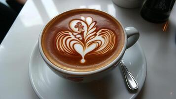 Latte art design in a cup, placed on a saucer, with a spoon resting nearby, photorealistic food photo