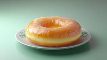 Large, glazed donut on a small plate with a simple design underneath, photorealistic food photo