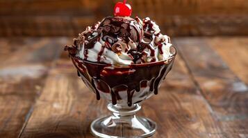 Large ice cream sundae with chocolate sauce and a cherry on top, gastronomy photography photo