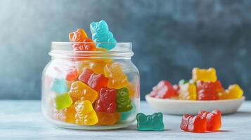 Vegan gummy bears in different colors displayed in a glass jar, photorealistic food photo